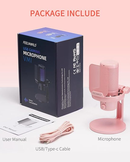 FEELWORLD VM1 Pink Gaming PC USB Microphone Condenser Mic with Noise Cancellation Mute RGB Light, Computer Accessories Gifts for Gamer YouTube Twitch Podcast Streaming Recording Online Chat PS4 PS5