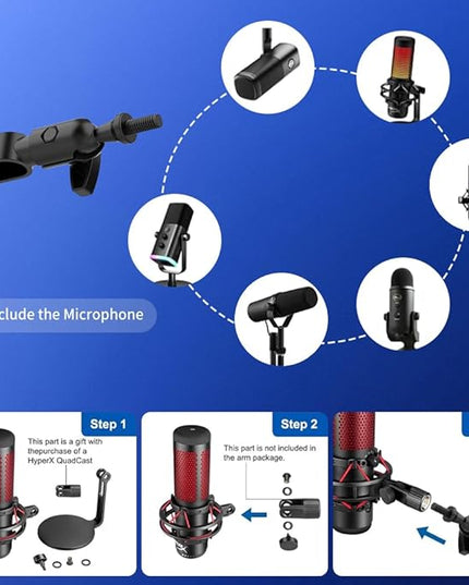 Low Profile Mic Arm 15cm Extra Riser Adjustable Mic Boom Arm Metal Desk Mounted Microphone Stand Cable Management Flexible Microphone Holder for Podcast Streaming Gaming Desktop