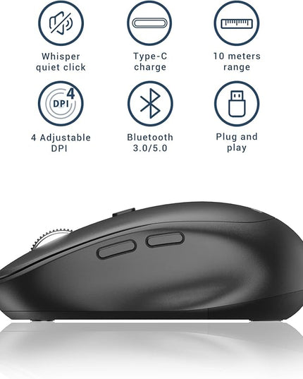 iClever Bluetooth Mouse, Dual Mode Wireless Mouse for Laptop (BT5.0/3.0 & 2.4G), USB-C Rechargeable, Silent Click, 4-Level 2400 DPI, 3 Device Switch, Portable Ergonomic Mouse for Windows, Mac, Android