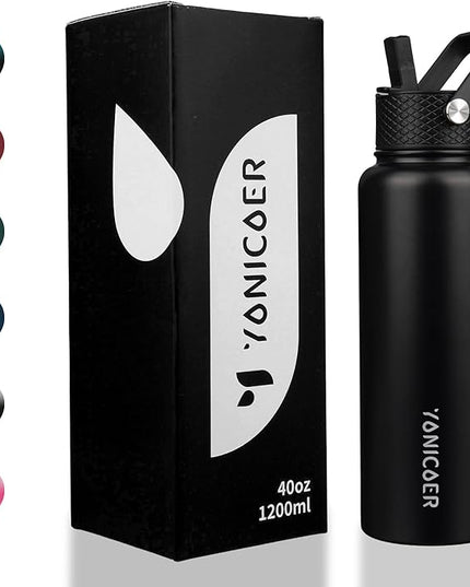 Insulated Water Bottle 40oz,Triple Wall Vacuum Stainless Steel(Dishwasher Safe),Leak Proof & Non-BPA,Flask Jug with Paracord Handle & Straw Spout Lids Sports Black