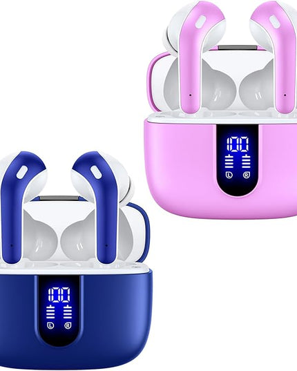 TAGRY 2 Sets X08 Ocean Blue and Sunset Pink Bluetooth Headphones True Wireless Earbuds 60H Playback Ear Buds with Wireless Charging Case in-Ear Earbuds with Mic