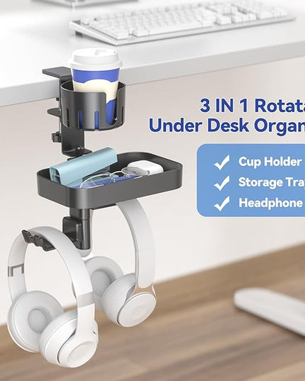 KDD Desk Cup Holder with 2 Headphone Hook - Rotating Pencil Holder & Detachable Drawer Tray - Clamp on Under Desk Headphone Holder Hidden Storage for Office School Home Accessories