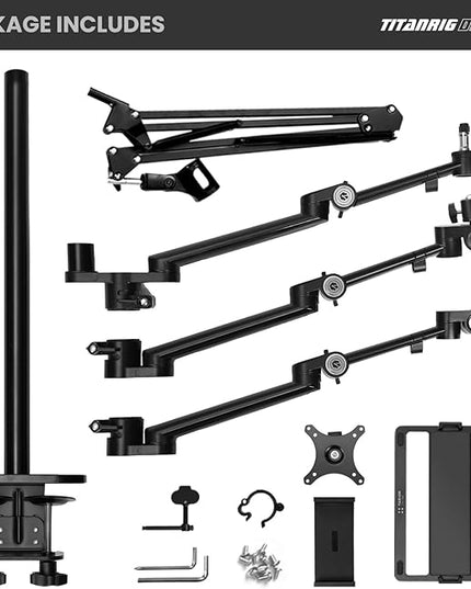 TARION Overhead Camera Desk Mount: 4-in-1 Heavy Duty Mount Set with 1 Mic Boom Stand + 3 Articulating Arms for DSLR Cameras Ring Light Monitor Laptop - Live Stream Stand TitanRig Desk