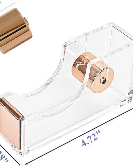 Gold Tape Dispenser, Clear Acrylic Desk Tape dispensers with Serrated Metal Edge, Modern Aesthetic Office & Craft Tape Organizer for Gift Wrapping, 1 Inch Core, Non-Slip Weighted Base