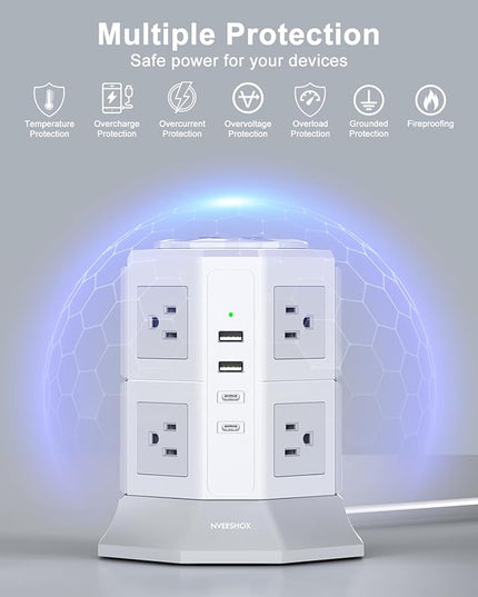 Tower Surge Protector Power Strip Flat Plugs with 8 Outlets 4 USB Ports (2 Type C), 6.5 FT Flat Extension Cord with Multiple Outlets, Charging Station with Surge Protection for Home Office Dorm