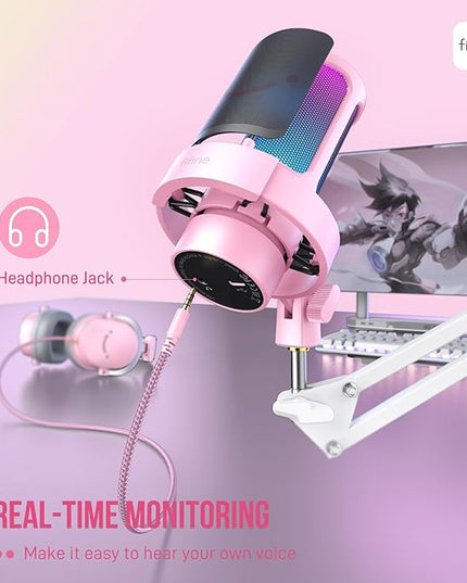FIFINE USB Streaming Microphone with Boom Arm, Gaming Mic Kit for PC PS4/PS5, Podcast Microphone for Podcast with RGB Control, Mute Button, Gain Knob, Headphones Jack, Pop Filter-A8T Pink