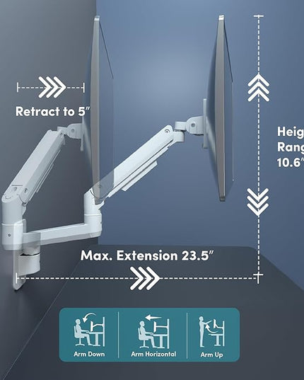 Monitor Wall Mount for 17-49 Inch Ultrawide Monitors, Single Monitor Arm Holds 4.4-44 lbs Screens, Adjustable Premium Aluminum Wall Mount with Max VESA 100x100 for Samsung Odyssey G9 and More, White