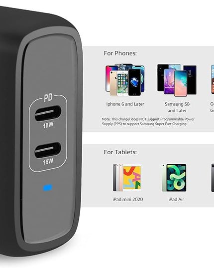 Amazon Basics 36W Dual Port USB-C Wall Charger with Power Delivery, Foldable Plug, for Tablets & Phones (iPhone 15/14/13/12/11/X, iPad, Samsung, and More), Non-PPS, 2.34 x 2.21 x 1.09 inches, Black
