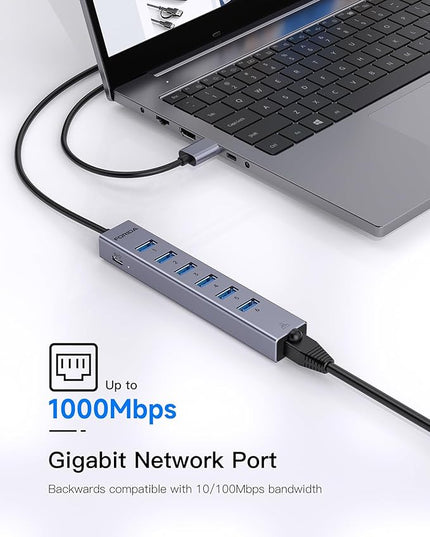 FORIDA 7 Port USB Hub - USB Ethernet HUB with 3.9ft Long Cable for Laptop, USB Extender with Gigabit Network Port and 5V/3A Power Port, Aluminum MultiPort USB hub for Laptop, iMac, PC, Flash Drives