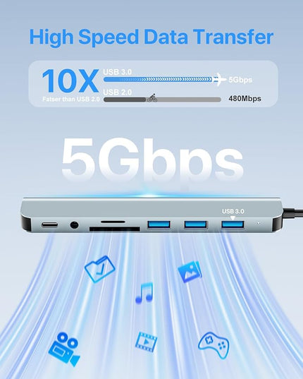 USB C/USB Hub Multiport Adapter,USB 3.0 Hub Aluminum 8 in 1 USB Splitter with SD/TF Card Reader,1 x USB 3.0, 3 x USB 2.0, 1 x USB C,and 3.5mm Audio Output for MacBook Pro Air,iPad Pro,Laptop