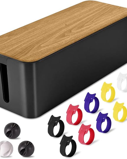 Cable Management Box Large - Wooden Grain Cable Organizer Box to Hide Wires&Power Strips,TV&Desk Computer Wires,with Cable Clips&Reusable Cable Ties for Home&Office(Black)