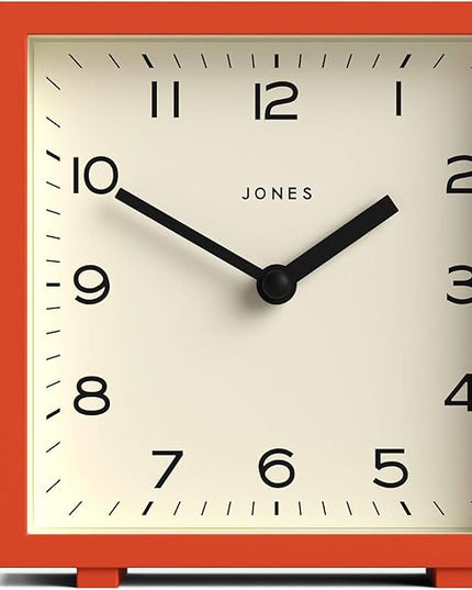 JONES CLOCKS® Disco Desk Clock | Sleek Square Design | Orange | Stylish and Easy to Read for Shelf, Table, Mantel or Bedside