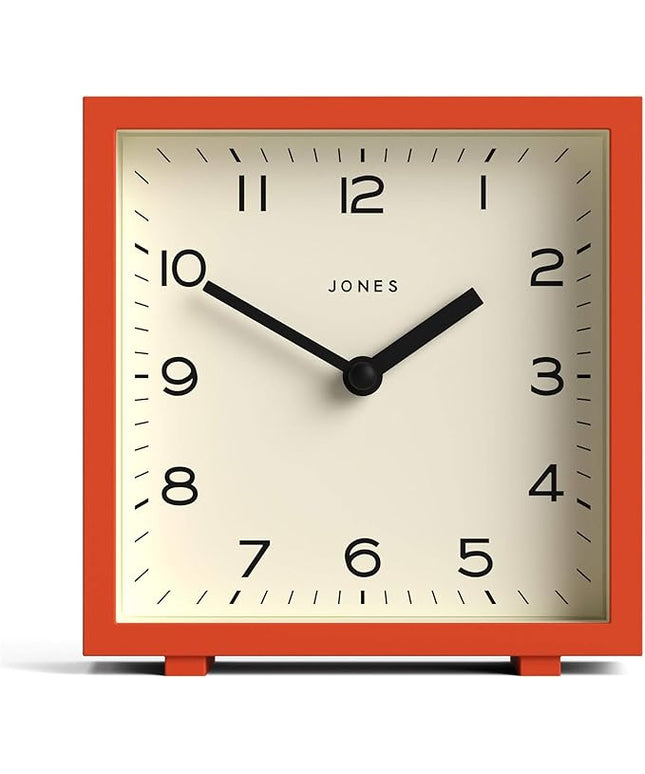 JONES CLOCKS® Disco Desk Clock | Sleek Square Design | Orange | Stylish and Easy to Read for Shelf, Table, Mantel or Bedside