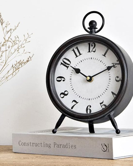 MACVAD Vintage Black Table Clock on Stand, Decorative Desk and Shelf Clock, Rustic Mantel Clock Farmhouse Clock Non-Ticking