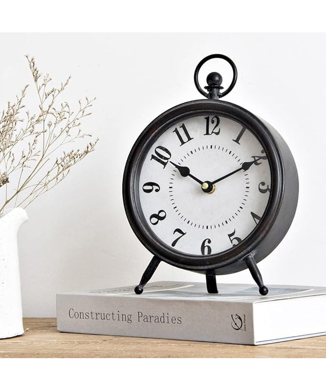 MACVAD Vintage Black Table Clock on Stand, Decorative Desk and Shelf Clock, Rustic Mantel Clock Farmhouse Clock Non-Ticking