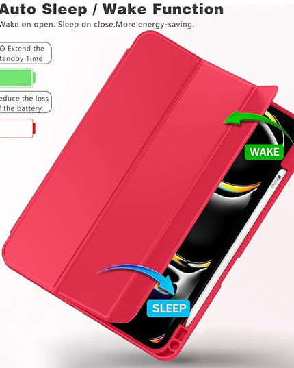 ZryXal iPad Pro 11 Inch Case (M5) 2025/ (M4) 2024 (Model: A2836/A2837/A3006), Trifold Stand Smart Cover with Pencil Holder and Soft TPU Back, Auto Wake/Sleep (Red)