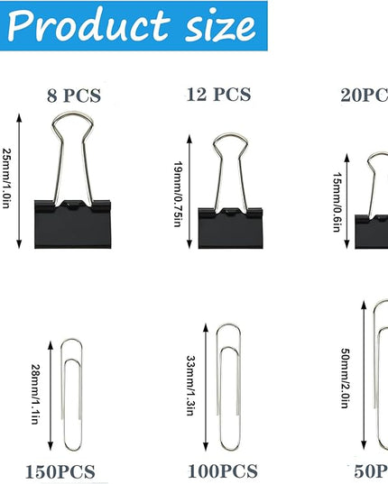 340 PCS Paper Clips and Binder Clips Assorted Sizes, Large Medium Small Silver Paperclips&Black Binder Clip Set for Home&School&Office Document Organizing,Supplies Desk Essentials in Container