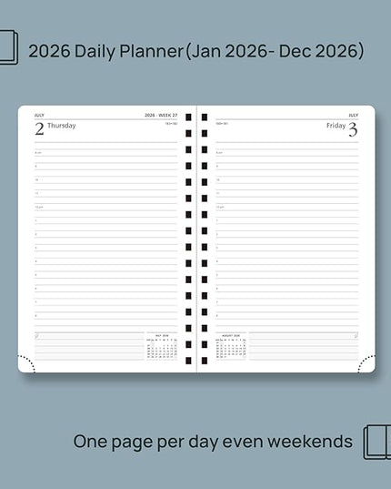 POPRUN 2026 Daily Planner One Page A Day - [8.5" x 5.75" Wire-Bound Hard Cover] Agenda 2026 Hourly Appointment Book with Monthly Calendar, Inner Pocket, Ivory Paper - Violet
