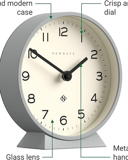 NEWGATE® M Mantel Echo Desk Clock | Modern Round Design | Posh Gray | Easy to Read Numbers | Contemporary Style for Desk, Table, Shelf or Bedside