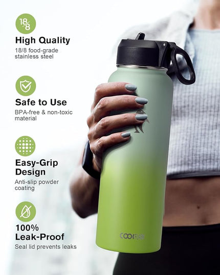 Water Bottle 40 oz Insulated with Straw&Brush, Coolflask Vaccum Stainless Steel Metal 3 Lids Water Flask for Sports, Gym or Office, Keep Cold 48H Hot 24H, Ombre Green