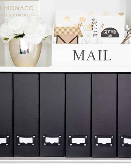 BLU MONACO Foldable Black Magazine File Holder – Set of 6 | Cardboard Desk File Organizer Boxes with Leather Label Holders | Vertical Magazine Storage for Office, Classroom & Home