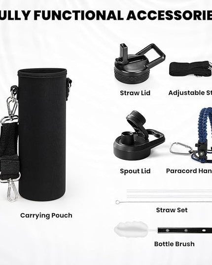 Insulated Water Bottle 24oz, Triple Wall Vacuum Stainless Steel (Cold for 48 Hrs, Hot for 24Hrs), Leak Proof & Non-BPA, 24oz Hydro Water Flask with Paracord Handle & Straw Spout Lids