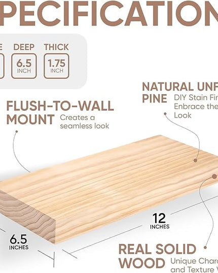 Homeforia Wood Floating Shelf 12 inch, High End Solid Natural Wood 12inch Floating Shelves for Wall Mounted, Unfinished Small Wooden Floating Shelves, Heavy Duty Bracket, 12 X 6.5 X 1.75 in, Set of 2