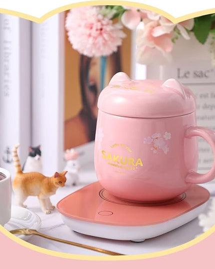 Honeydak Coffee Mug Warmer Cute Cat Mug Set Cup Warmer Christmas Gifts for Women Heated Coffee Warmers for Mom Home Office Desk Valentine's Day Anniversary Birthday Gifts(Sakura,Pink)