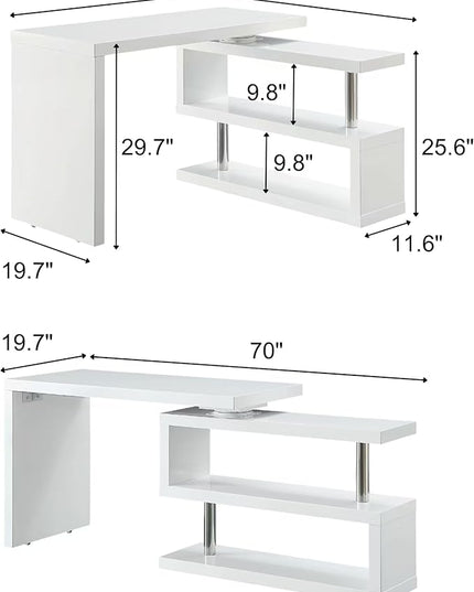 47" Swivel Top Desk with Storage Shelves - 360° Rotating Tabletop Computer Workstation for Home Office - Full Glossy Mirror Finish Space-Saving Corner Writing Table, White