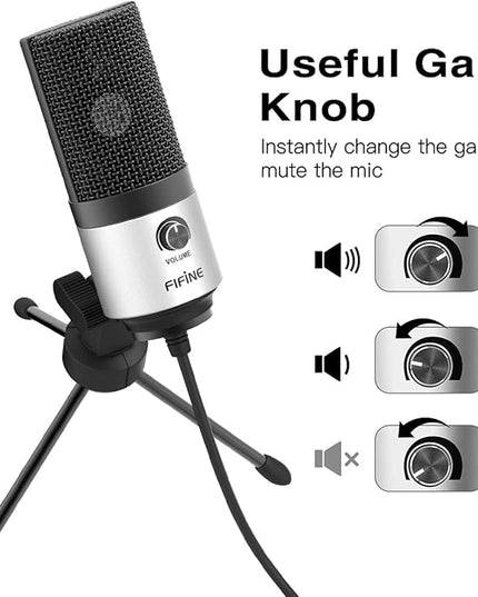 FIFINE USB Microphone for Zoom Video Meeting Online Class on PC Computer, Metal Condenser Desktop Mic with Gain Control for Windows and Mac, Silver - K669S