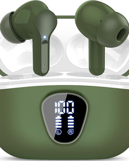 Wireless Earbuds, Bluetooth 5.4 Headphones HiFi Stereo, Bluetooth Earbuds with ENC Noise Cancelling Mic, IP7 Waterproof in Ear Earphones, 48H, LED Display Ear buds for Pad Workout Sports, Retro Green