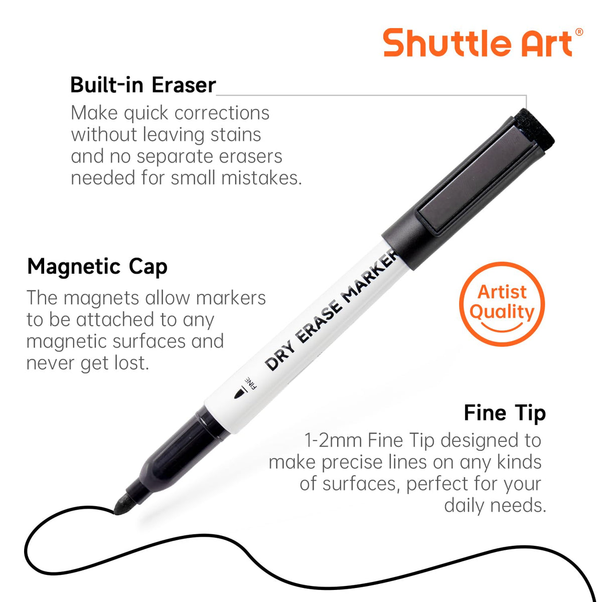 Shuttle Art Dry Erase Markers, 15 Pack Black Magnetic Whiteboard Markers with Erase,Fine Point Dry Erase Markers Perfect For Writing on Whiteboards, Dry-Erase Boards,Mirrors for School Office