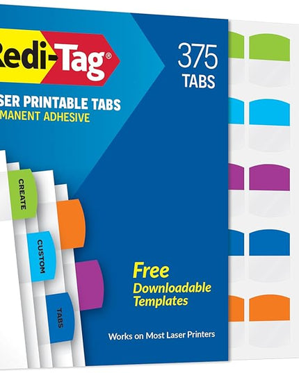 Redi-Tag Laser Printable Tabs, Permanent Index Tabs, Customizable Adhesive Labels, Assorted Tropical Colors, 1.125" x 1.25", 375 Per Pack (1006789)