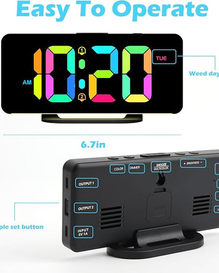 ALANAS RGB Digital Alarm Clock, Color Changing Mood Light with 10 Colors, Dual Alarm with Snooze, Dimmable Display, USB Charger, Adjustable Volume, Plug in, Bedroom Desk Clock for Teens, Adults