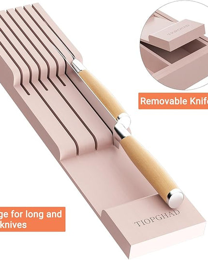 Bamboo-Silverware-Drawer-Organizer-Kitchen, Expandable Utensil Holder Cutlery Tray Flatware Organization Adjustable Wood Tableware Dividers Storage (with Removable Knife Block)(Grey Pink)