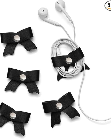 SenseAGE 5 Pack Cord Organizer, Bow Cord Keeper, Cable Organizer USB Holder, Leather Cable Management, Cable Straps, Earphone Winder, Storage Straps for Electronics, Earbuds, Small, Black