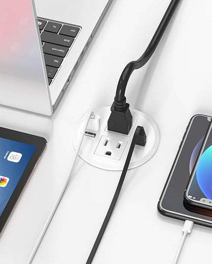 BTU Desktop Power Grommet with USB, 3 inch Hole Recessed Power Outlet, Flush Mount Power Strip Outlet with 2 AC Outlet & 2 USB Ports & 1 CAT6 & 10ft Power Cords for Table, Office, Home, Hotel, White