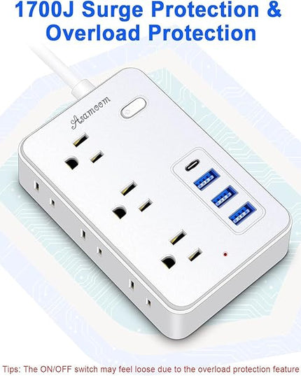 25 FT Extension Cord with Multiple Outlets, Asamoom 25 ft Surge Protector Power Strip with 6 Outlets with 4 USB Ports(1 USB C), Flat Plug with Long Cord 1700J Protection for Home Office White