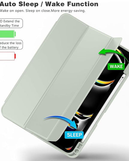 ZryXal iPad Pro 11 Inch Case (M5) 2025/ (M4) 2024 (Model: A2836/A2837/A3006), Trifold Stand Smart Cover with Pencil Holder and Soft TPU Back, Auto Wake/Sleep (Sega Green)