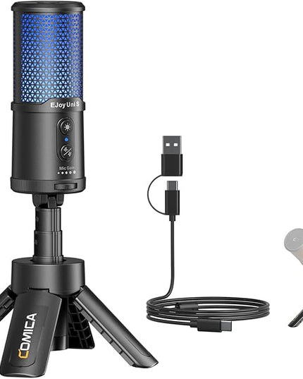 COMICA EJoy UNI S Gaming USB Microphone for PC, RGB Condenser Mic with Noise Reduction, Tripod Stand, Streaming Microphone for Gaming, Streaming, Podcasting, Recording, Laptop, PS4, PS5 (Black