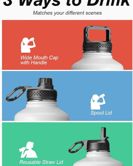 Coolflask Half Gallon Water Bottle Insulated with Straw & 3 Lids, 64 oz Water Jug Large Metal Stainless Steel Wide Mouth for Sports, Gym or Office, Non-BPA Keep Cold 48H Hot 24H, White