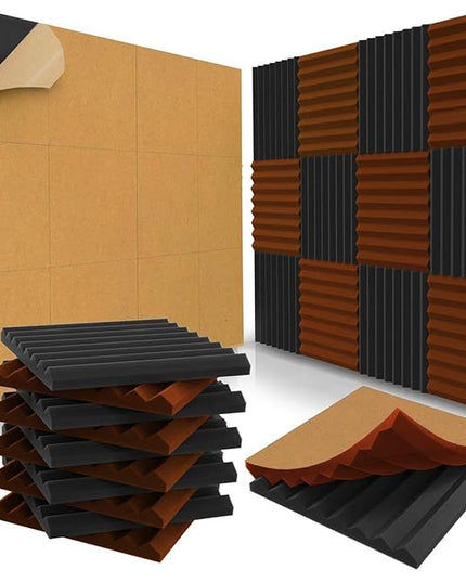 48 Pack Self-Adhesive Acoustic Panels 1 X 12 X 12 Inches - Acoustic Foam - Studio Foam Wedges - High Density Panels - Soundproof Wedges - Black/Orange