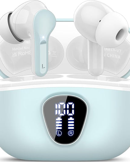 Wireless Earbuds, Bluetooth 5.4 Headphones HiFi Stereo, Bluetooth Earbuds with ENC Noise Cancelling Mic, IP7 Waterproof in Ear Earphones, 48H, LED Display Ear buds for Pad Workout Sports, Azure