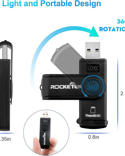 USB 3.0 SD Card Reader, Rocketek 2 Slots Memory Card Reader with a Build-in Micro SD Card Cap for SDXC/SDHC/UHS-I SD Cards, TF/Micro SD Cards Reader - Take It as a USB 3.0 Flash Drive