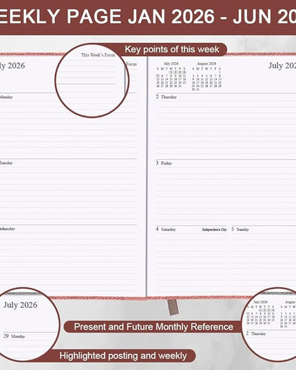 2026-2027 Planner - Weekly & Monthly Planner Runs from January 2026 to June 2027, 5.8" x 8.25", 18 Month Planners, 14 Notes Pages, Inner Pocket, PU Leather Hard Cover, Brown Monthly Planners 2026-2027