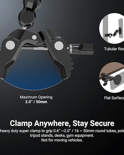 NEEWER Magnetic Phone Mount with Super Clamp, Adjustable Metal Holder with 1/4" Screw & Ball Heads Magic Arm Compatible with MagSafe iPhone for Pole, Tripod, Mic Stand, Desk, Gym Equipment, PA150
