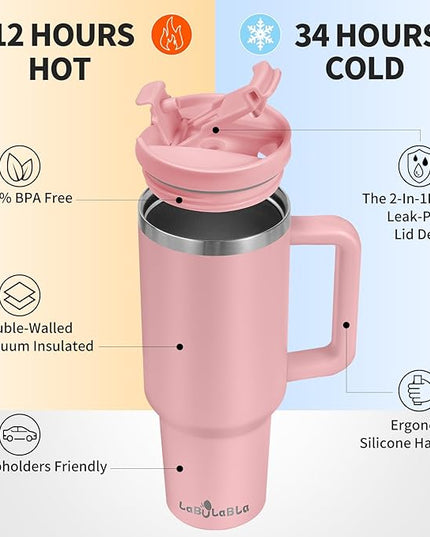 40oz Tumbler with Handle,Double Wall Vacuum Reusable Stainless Steel Insulated Water Bottle,With Leak Proof lid and Straw for Iced or Cold Beverages (light pink)