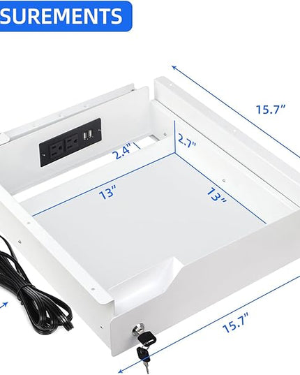 Lumil Under Desk Mounted Drawer Lockable with 3 Prong Extension Cord 10 FT with Multiple Outlets and Foldable Cable Management Arm for Office Desk 15.7" (W) x 15.7" (D) x 4.4" (H), White