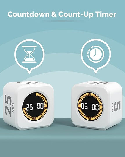 KADAMS Pomodoro Cube Timer Productivity Visual Timer - 5/10/25/50 Min Rotating Countdown, Customize Countup Silent Mode- for Work Study Cook Workout Kitchen Back to School Classroom (White, 2 Pack)