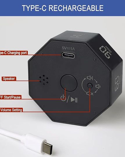 GuDoQi Digital Productivity Timer, Octagon Rotating Pomodoro Timers with Gravity-sensor, 1-3-5-15-30-60-90 Min Countdown, Portable Adjustable Sound Alert Multi Desk Timer or Study Task, Kitchen, Black